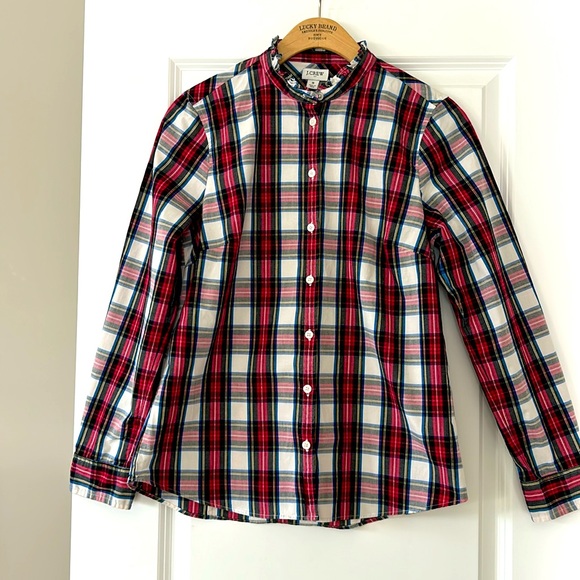 J Crew Tartan Plaid Button Front Blouse w Micro-Ruffled Collar - Picture 3 of 12